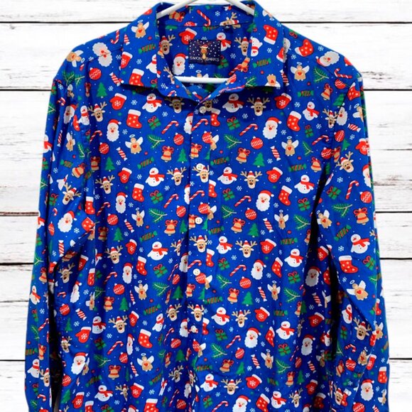 SIMON BANKS XL (17.5) Blue Holiday Christmas Button Front Shirt Men - Picture 1 of 11